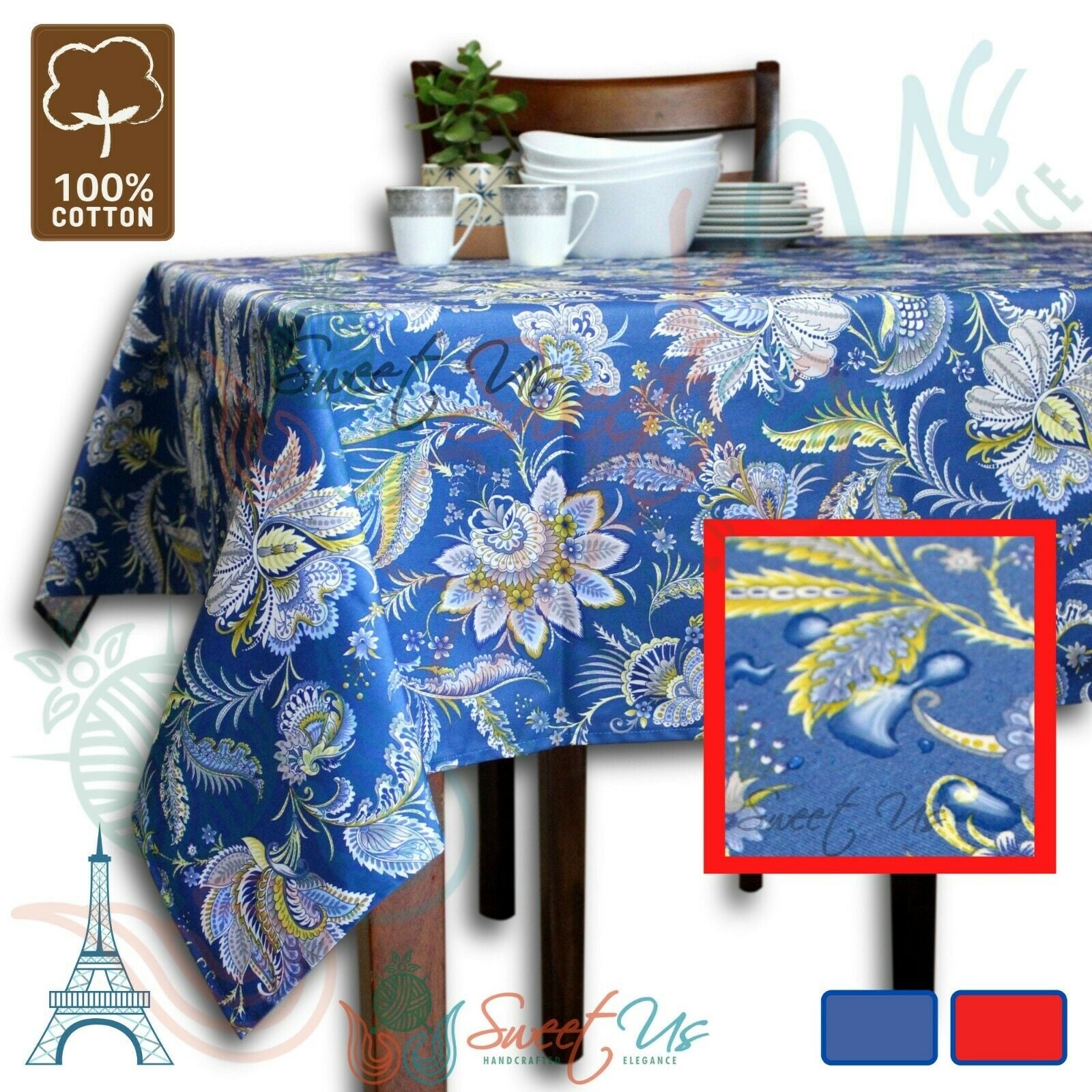 Wipeable Spill Resistant French Floral Acrylic Coated Vanne Tablecloth