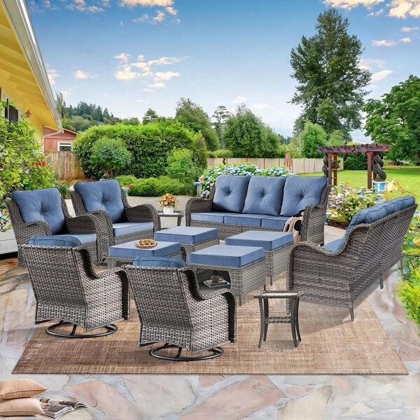 Wicker Patio Furniture Conversation Set with High Back Swivel Chairs and Storage Ottomans，Cushions Included🎃