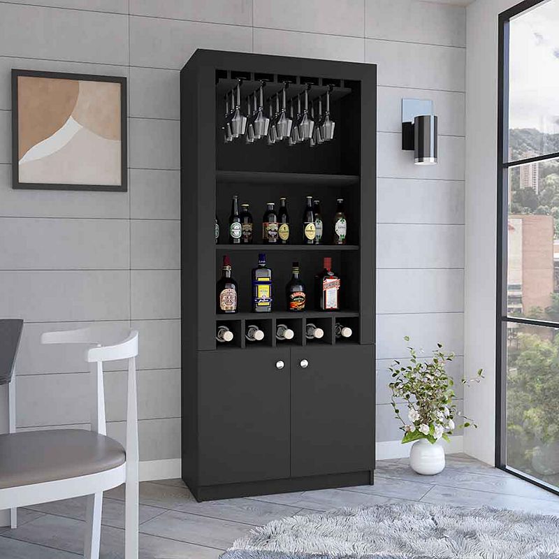 DEPOT E-SHOP Dakota Bar Double Door Cabinet， Five Built-in Wine Rack， Three Shelves， Black