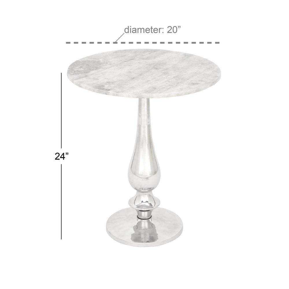 White Marble Accent Table with Silver Aluminium Base   20 x 20 x 24Round