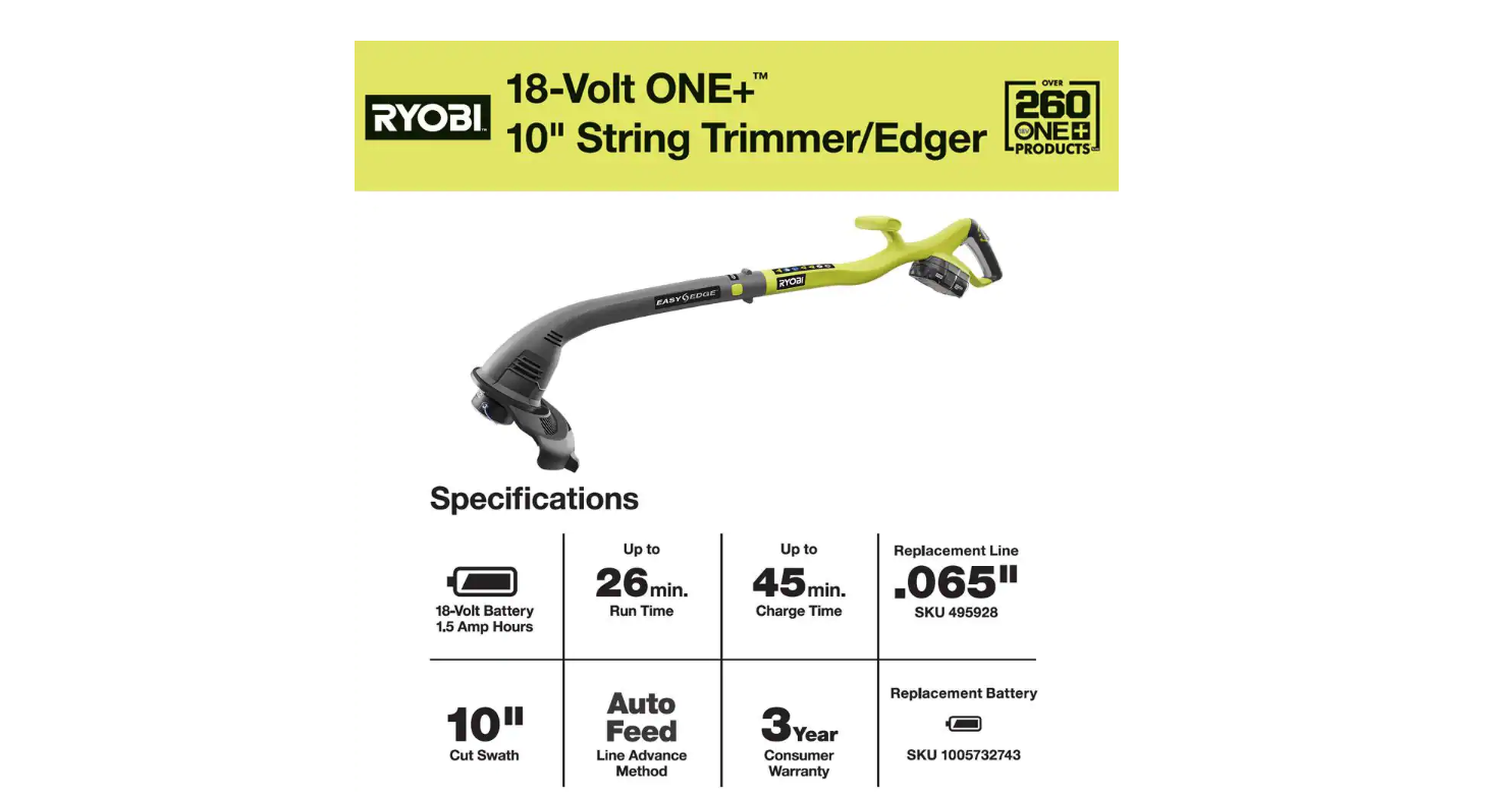 RYOBI P2030 ONE+ 18V 10 in. Cordless Battery String Trimmer and Edger with 1.5 Ah Battery and Charger