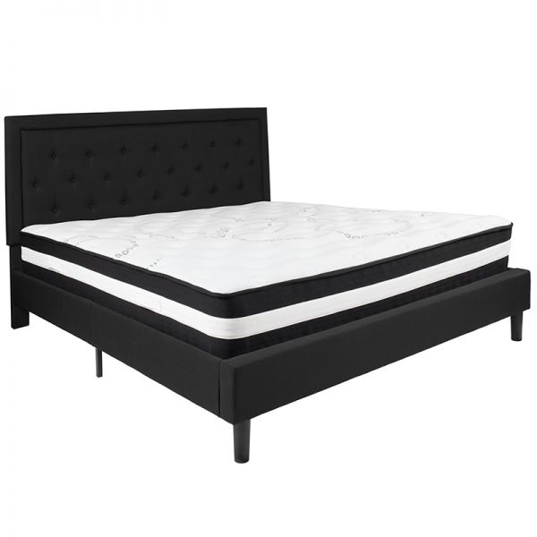 Roxbury King Size Tufted Upholstered Platform Bed in Black Fabric with Pocket Spring Mattress