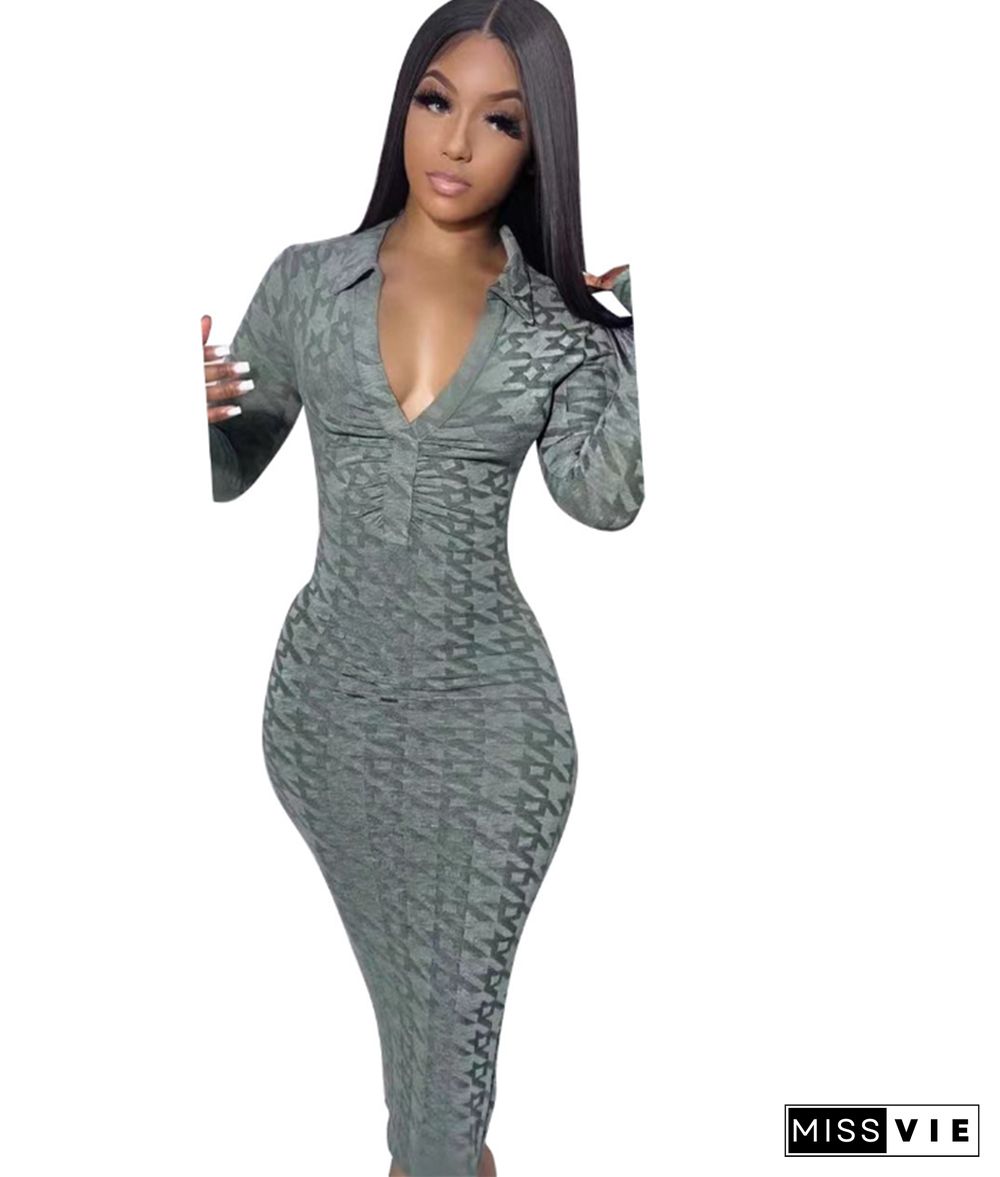 Long Sleeve Skinny Bodycon Aesthetic Print Maxi Dress