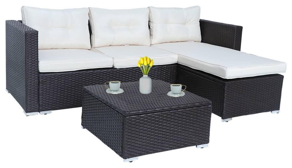 Home Beyond 3 Piece Patio Furniture Set Sectional Cushioned Seat Wicker   Tropical   Outdoor Lounge Sets   by Home Beyond  Houzz