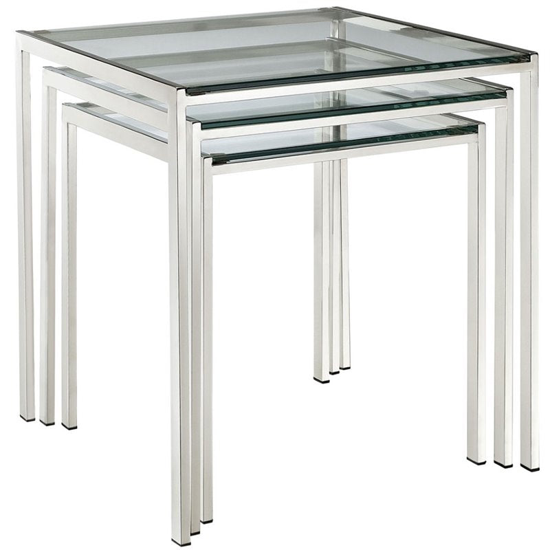 Hawthorne Collection 3 Piece Glass Top Nesting Table Set in Silver