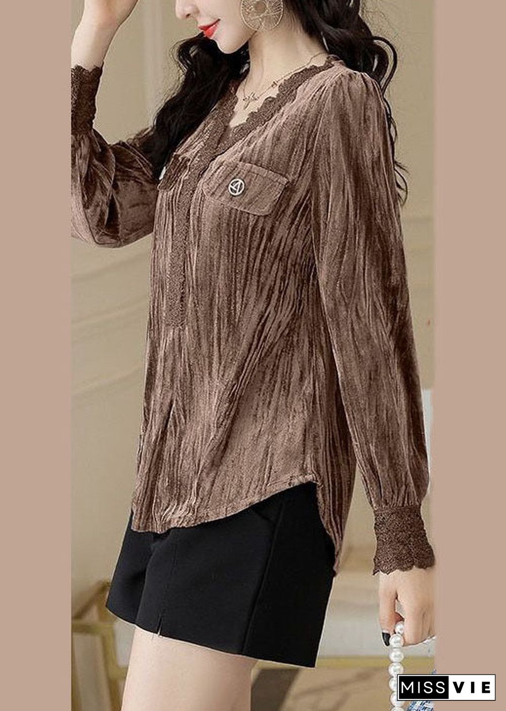 Stylish Caramel V Neck Patchwork Silk Velour Blouses Long Sleeve