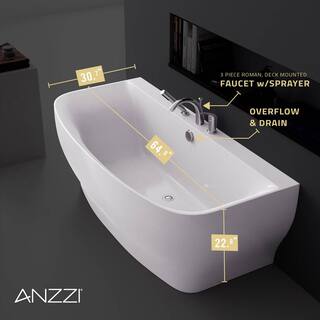 ANZZI Bank 65 in. Acrylic Flatbottom Non-Whirlpool Bathtub with Deck Mounted Faucet in White FT-FR112473CH