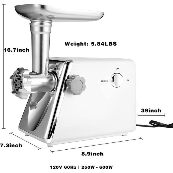 White Electric Meat Grinder with Sausage， 3 Grinder Plates， 600W Power