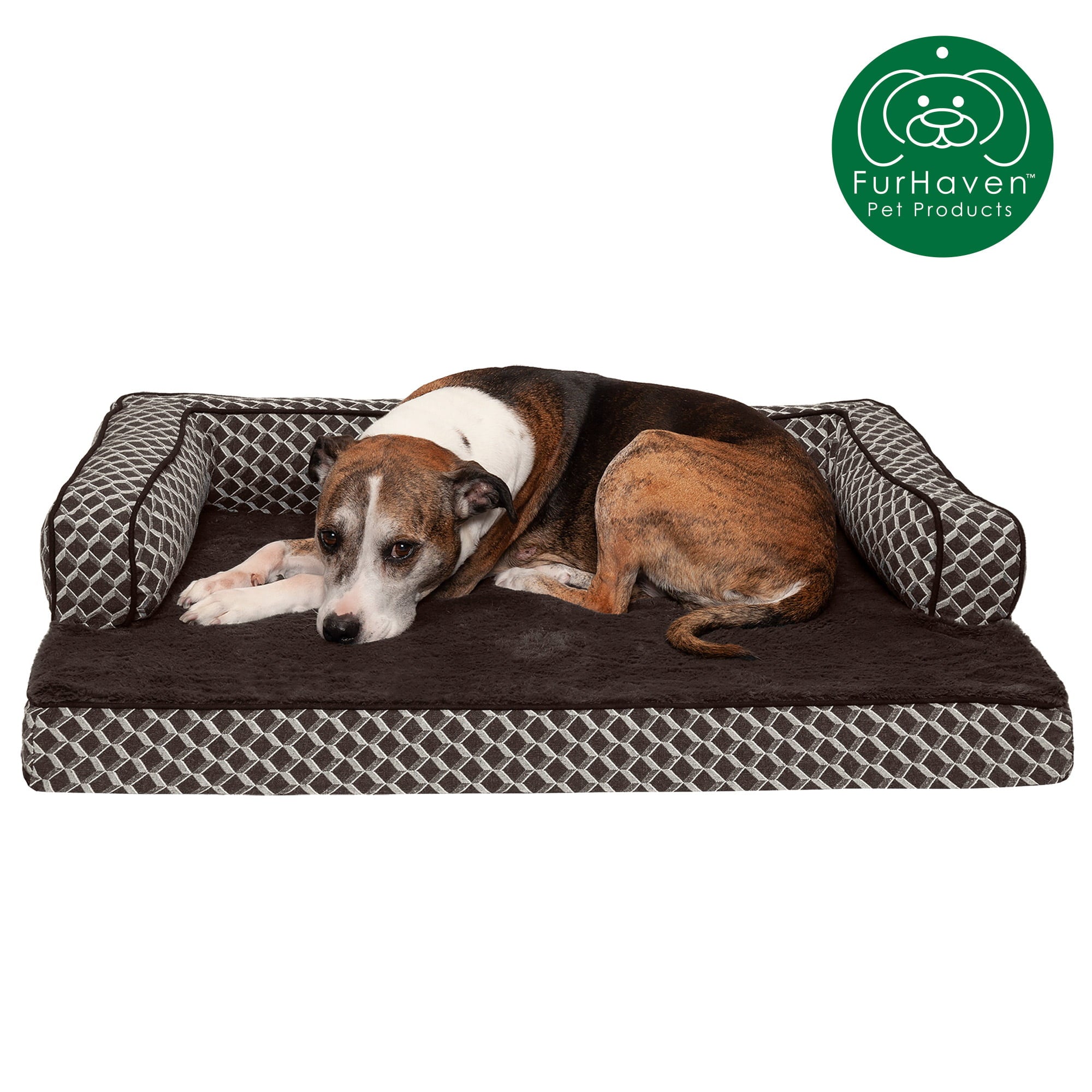 FurHaven Pet Products | Cooling Gel Memory Foam Orthopedic Plush & Decor Comfy Couch Pet Bed for Dogs & Cats, Diamond Brown, Large