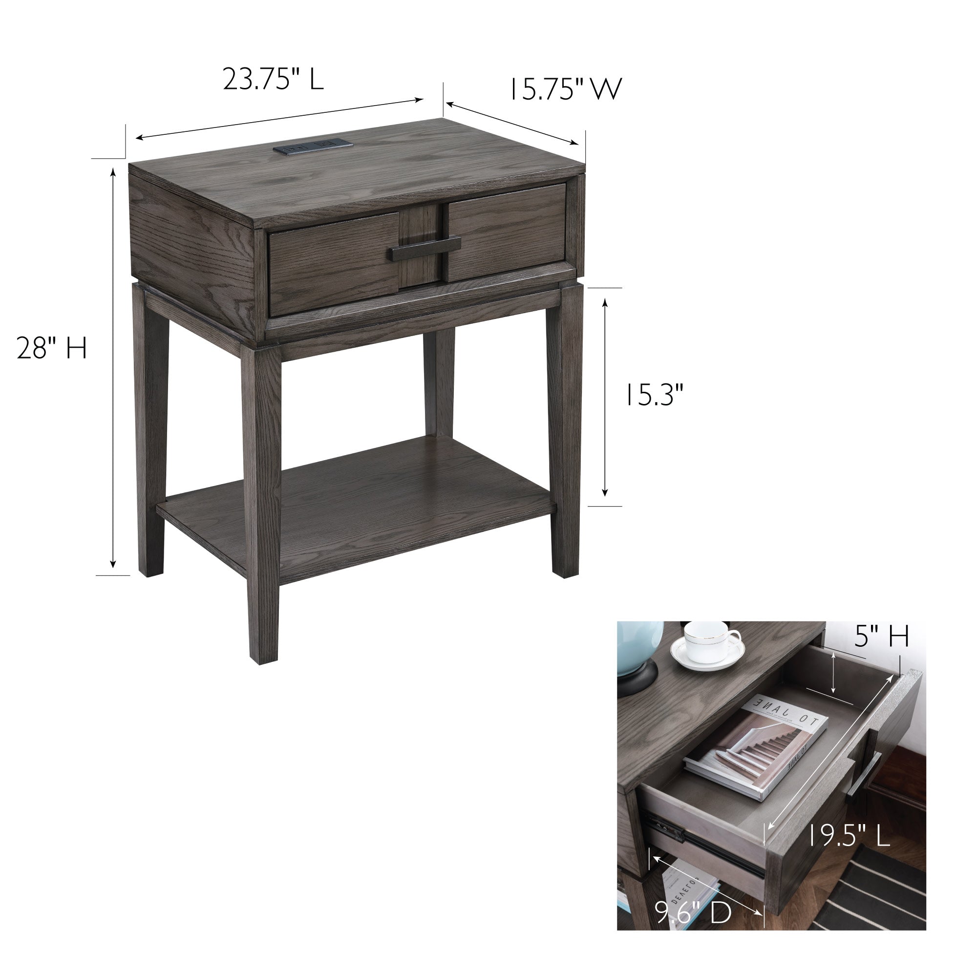 Design House Oak Recessed Design Side Table with AC/USB in Smoke Gray