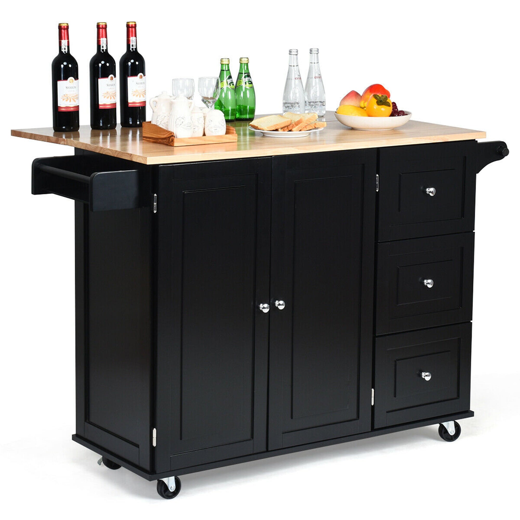 Gymax Drop-Leaf Kitchen Island Trolley Cart Wood Storage Cabinet w/ Spice Rack Black