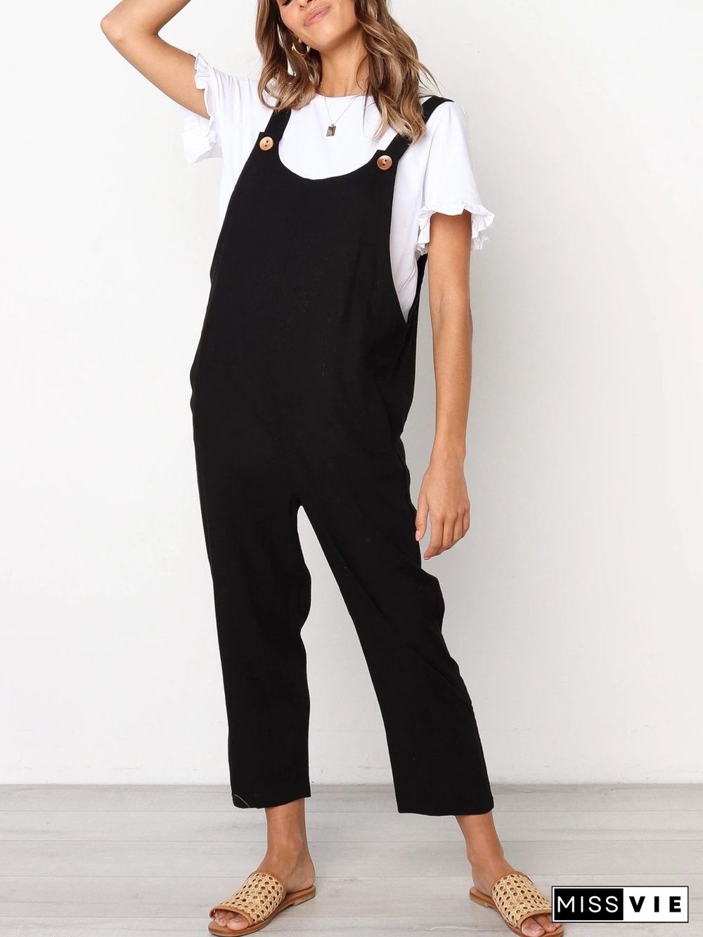 Casual Cotton-Blend Pockets Solid Jumpsuit & Romper