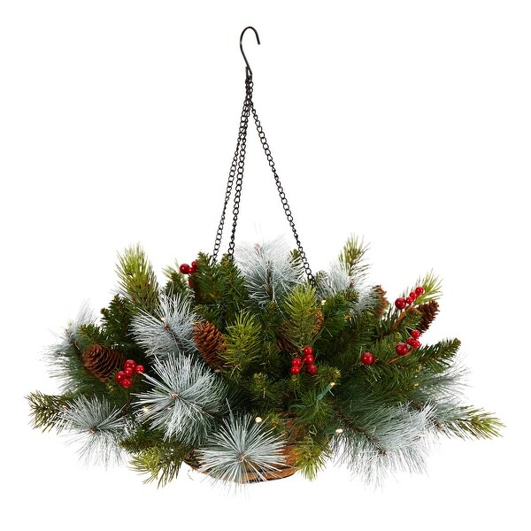 24 PreLit Pine and Berries Artificial Christmas Hanging Basket，LED Lights