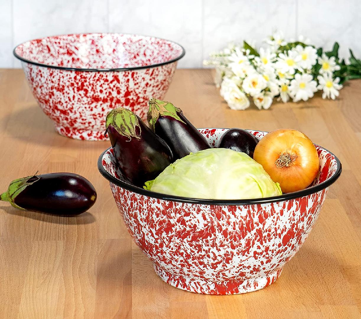 Set of 2 Enamelware Metal Large Classic 4 quart Round Salad Serving Bowl， Marble/Black Rim - Splatter Design