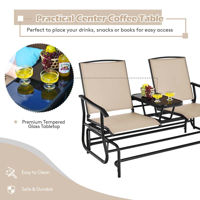 2-Person Outdoor Bench Glider Chair with Center Table, Mesh Fabric Rocking Loveseat for Patio