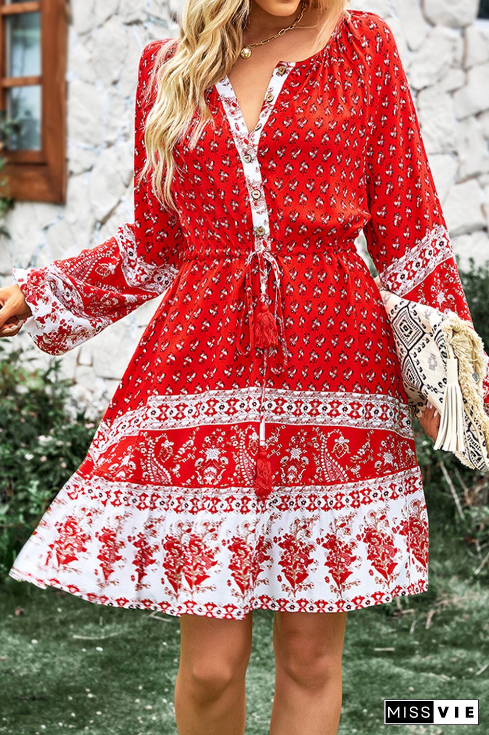 Vintage Printing Splicing Button Puff Sleeve Dress