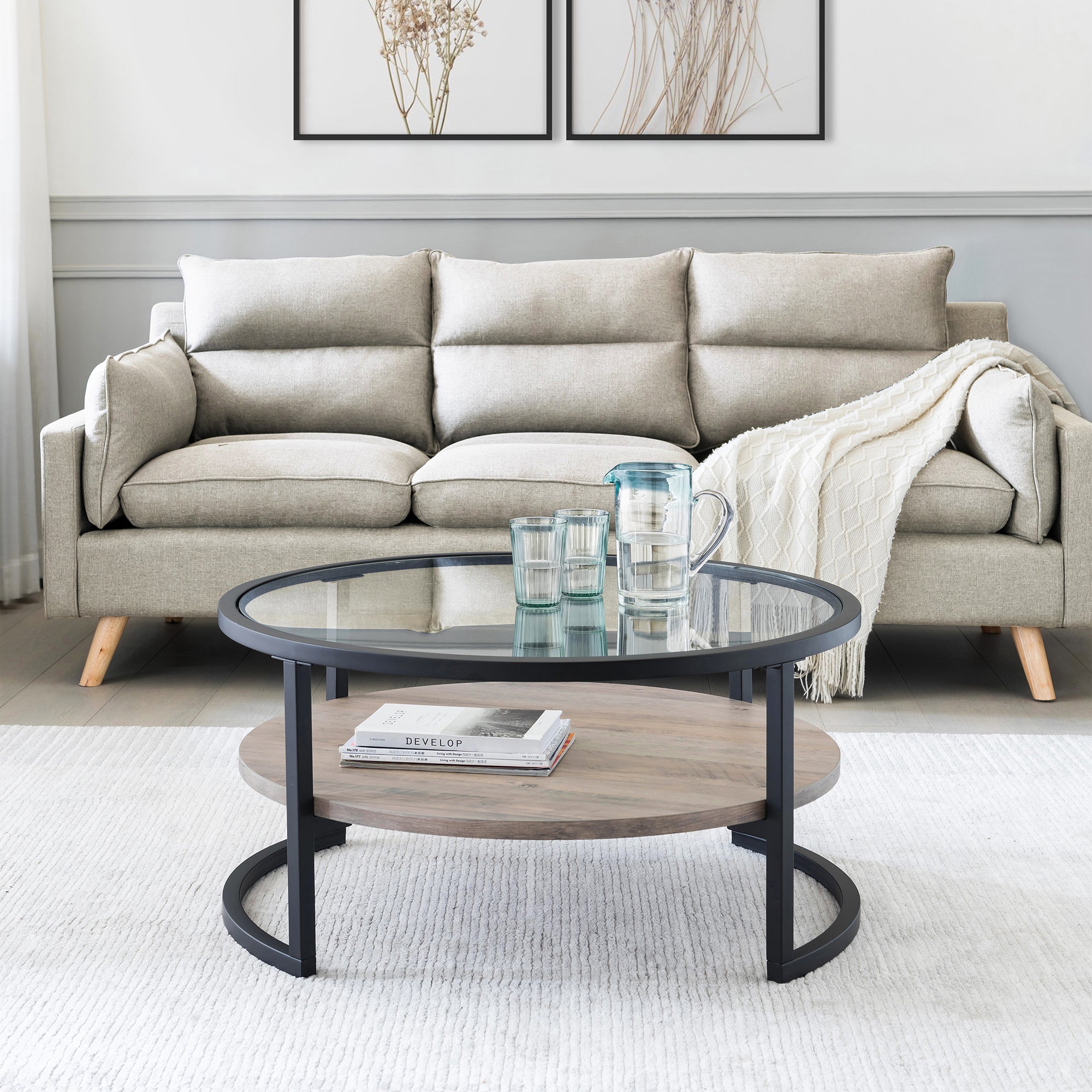 Evelyn&Zoe Modern Metal Round Coffee Table with Glass Top