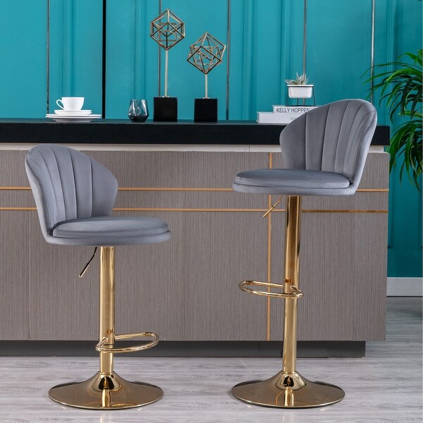 Modern Bar Stools Set of 2 Adjustable Mechanical Lifting Velvet and Golden Leg Bar Stool， Chrome Footrest and Base Swivel Height