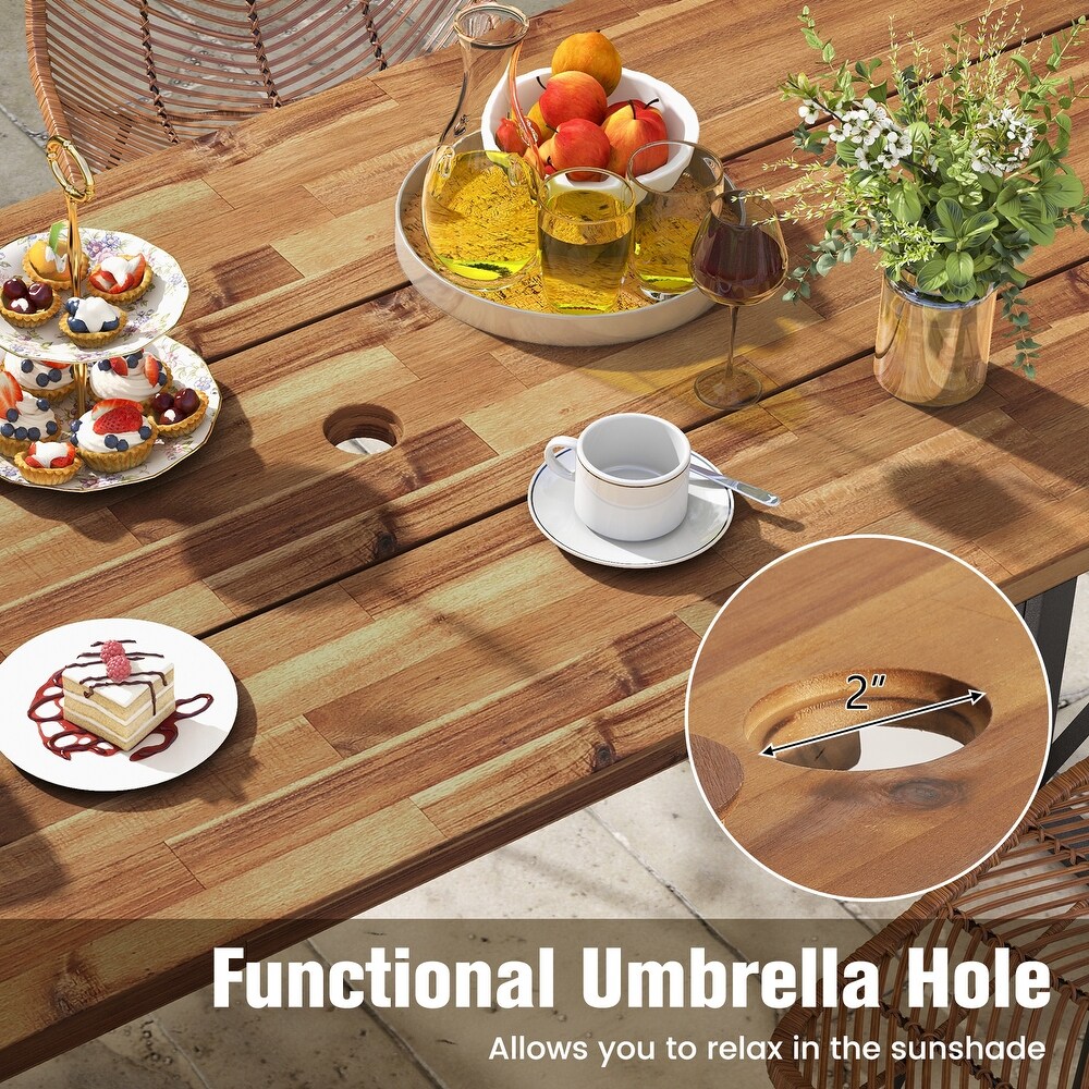 67 Inch Patio Rectangle Acacia Wood Dining Table with Umbrella Hole   67\