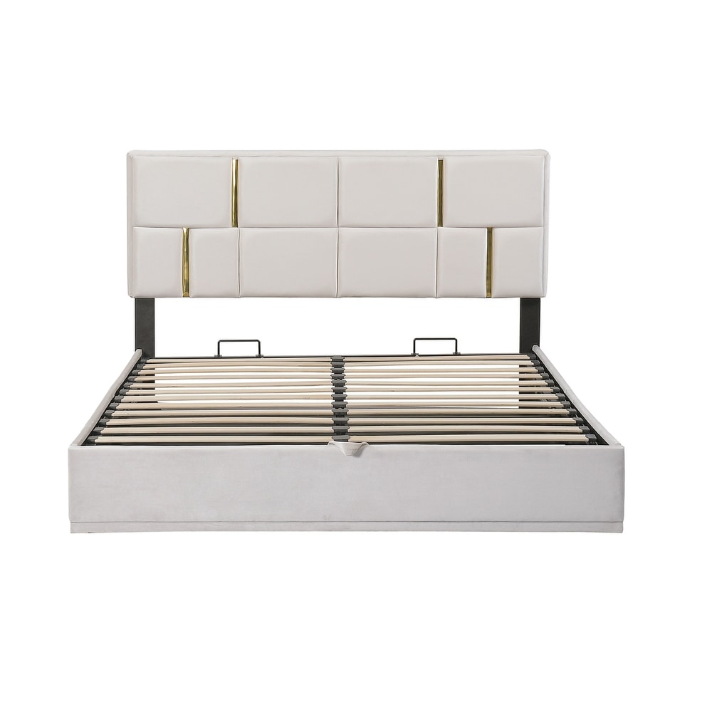 Beige Queen Size Upholstered Platform Bed with Hydraulic Storage System and Gold Trim Headboard  No Box Spring Needed