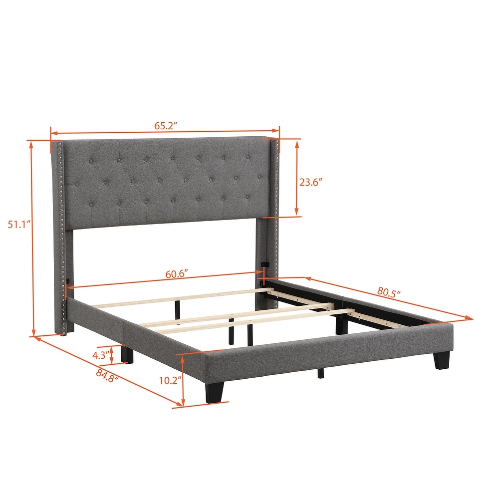 Elegant Design Queen Size Upholstered Platform Bed with Classic Linen Fabric Button Tufted Headboard  Box Spring Needed