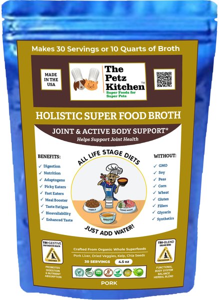 The Petz Kitchen Holistic Super Food Broth Joint Support Pork Flavor Concentrate Powder Dog and Cat Supplement， 4.5-oz bag