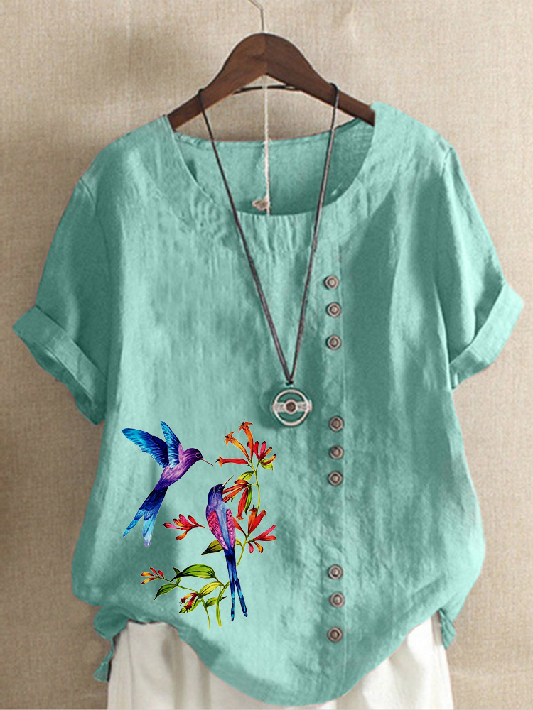 Round Neck Casual Loose Floral Short Sleeve Blouse