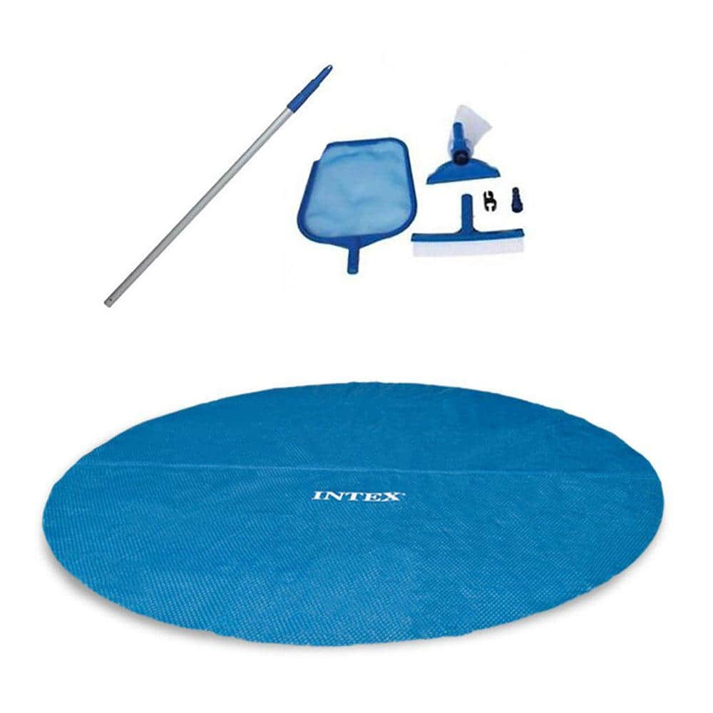 Intex 18 ft. L x 18 ft. W Round Easy Solar Cover for Above Ground Pool and Maintenance Kit with Vacuum Skimmer and Pole 29025E + 28002E