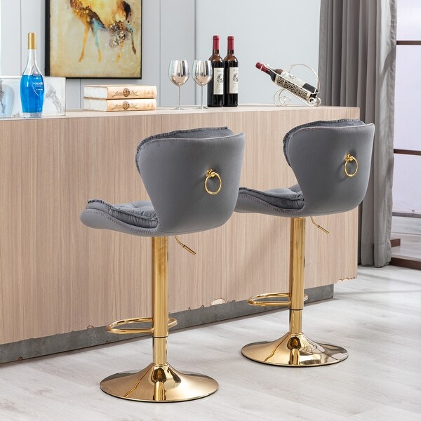 Modern Bar Stools with Chrome Footrest and Base Swivel Height Adjustable Mechanical Lifting Velvet， Golden Leg， Set of 2