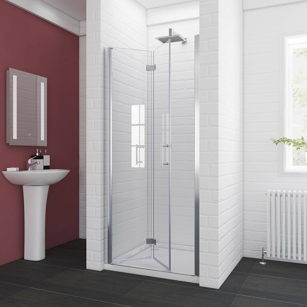 WELLFOR 34 in. x 72 in. Semi-Frameless Hinged Bathtub Bi-Fold Shower Door with Clear Glass and Handle in Chrome SWL-BFH34N