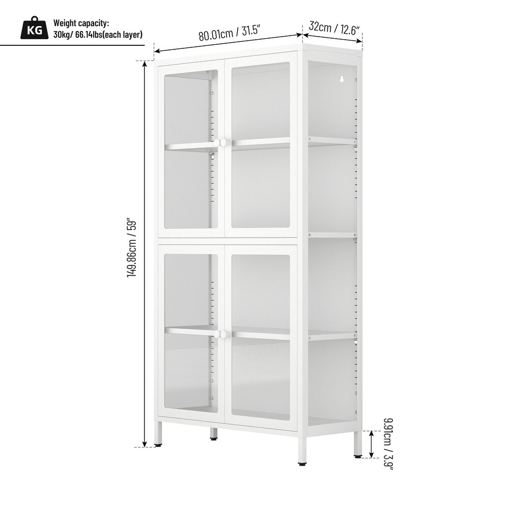 Four Glass Door Storage Cabinet with Adjustable Shelves and Feet Cold Rolled Steel Sideboard Furniture