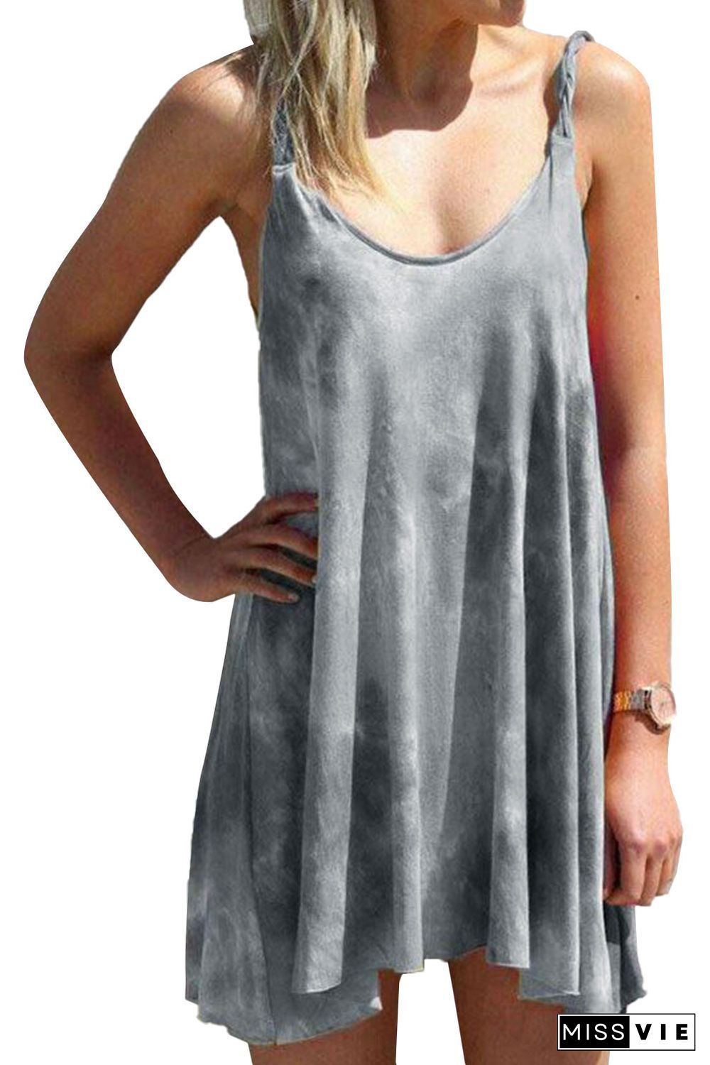 Gray U Neck Gradient Color Printed Sling Sleeveless Swing Mini Dress