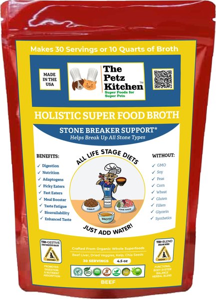 The Petz Kitchen Holistic Super Food Broth Stone Breaker Support Beef Flavor Concentrate Powder Dog and Cat Supplement， 4.5-oz bag