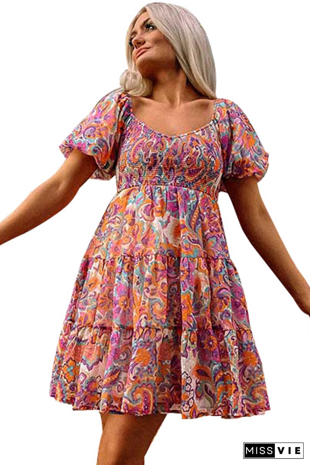 Multicolor Boho Print Smocked Ruffled Puff Sleeve Mini Dress