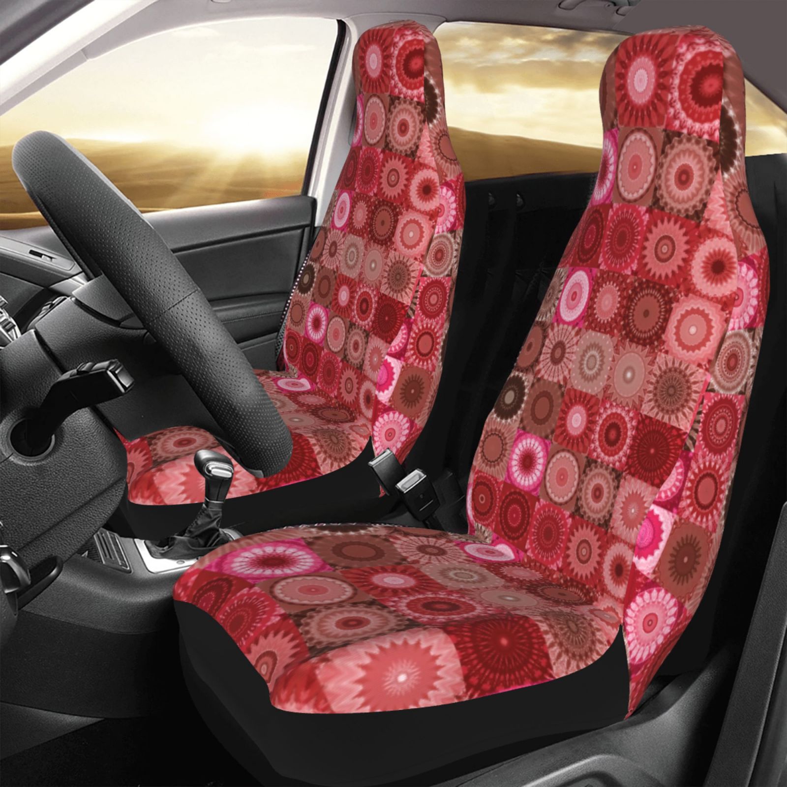 TEQUAN Front Seat Covers， Red Fractal Spiral Mandela Pattern 2 Piece Car Seat Cover Fit Most Car SUV Truck Van