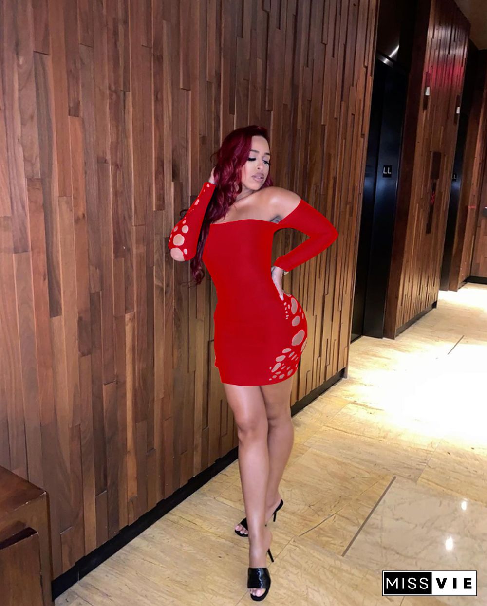 Off Shoulder Long Sleeve Hollow Hole Bodycon Dress