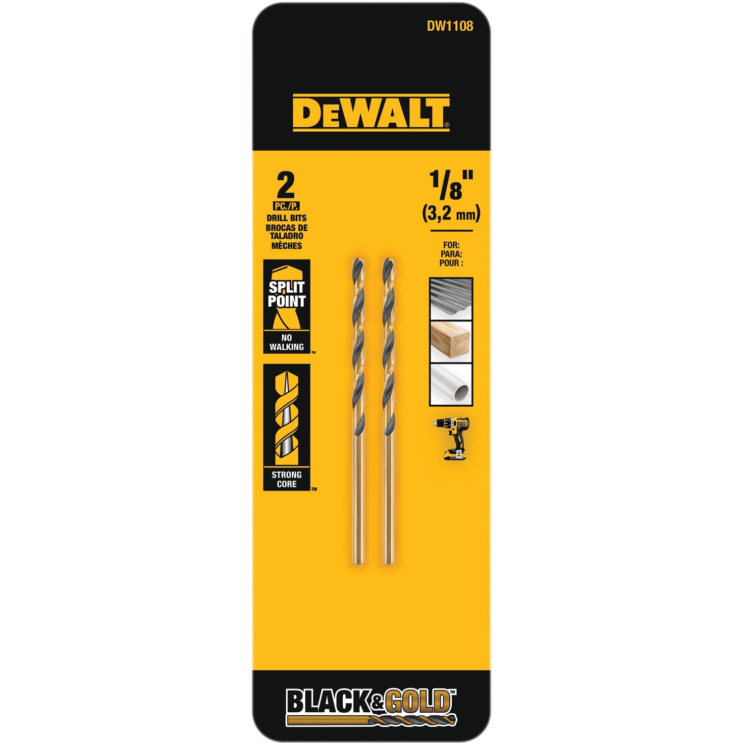 DW Black \u0026 Gold 1/8 in. X 2.75 in. L High Speed Steel Split Point Drill Bit 2 pc