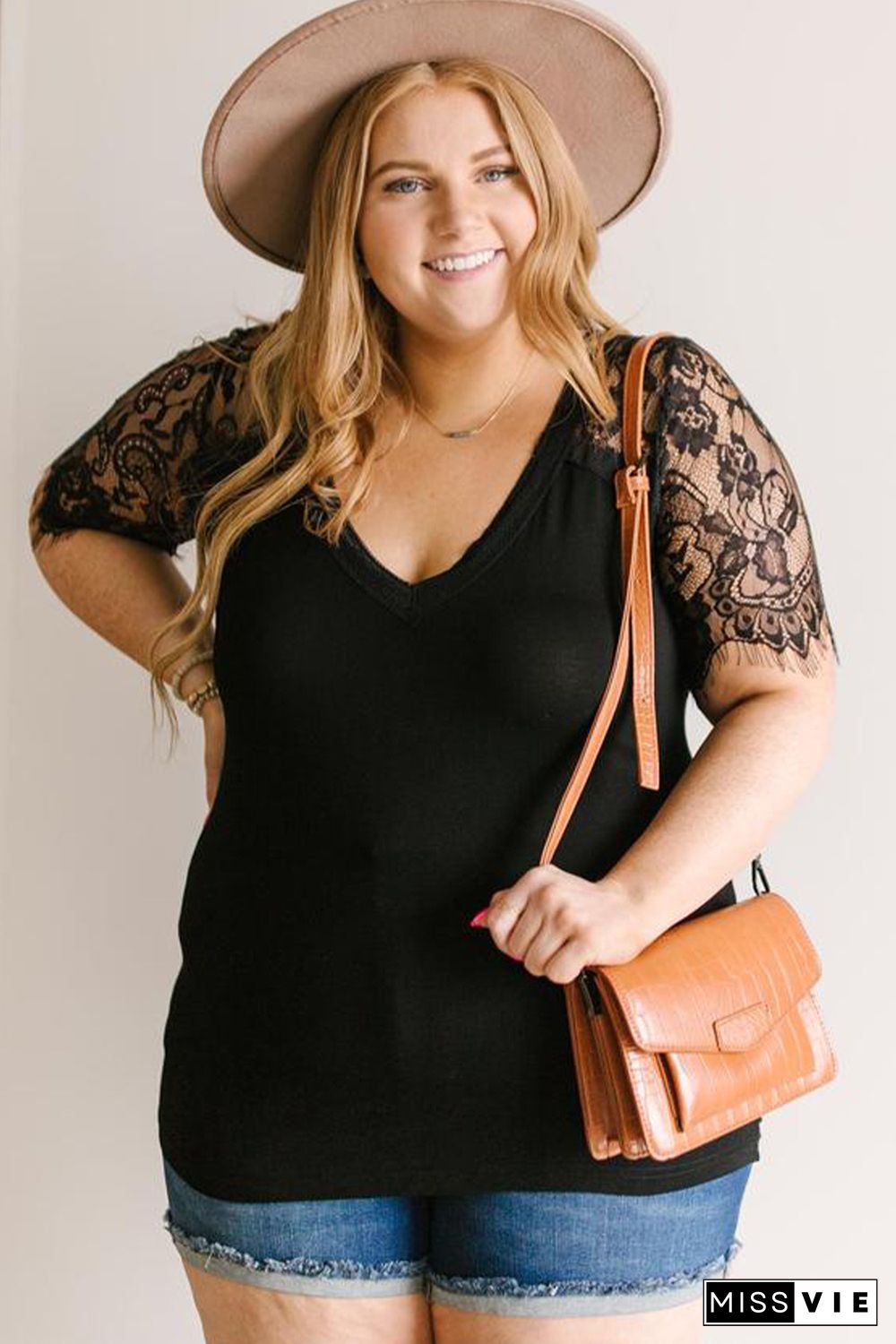 Black Lace Short Sleeve V Neck Plus Size Tee