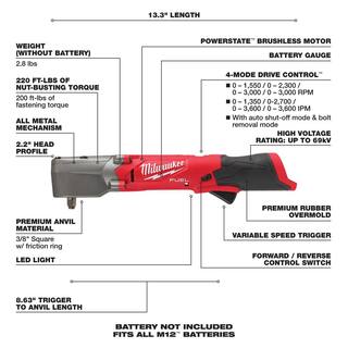 MW M12 FUEL 12V Lithium-Ion Brushless Cordless 38 in. Right Angle Impact Wrench wHigh Output 2.5 Ah Battery 2564-20-48-11-2425