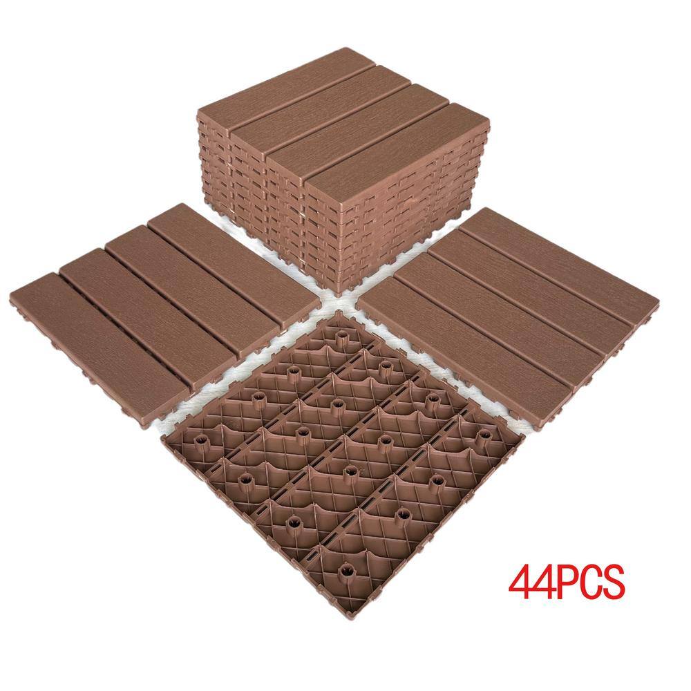 GOGEXX 12 in. x 12 in. Outdoor Square Plastic Interlocking Flooring Deck Tiles for Courtyard Garden(Pack of 44 Tiles) in Brown C-F-B-90469