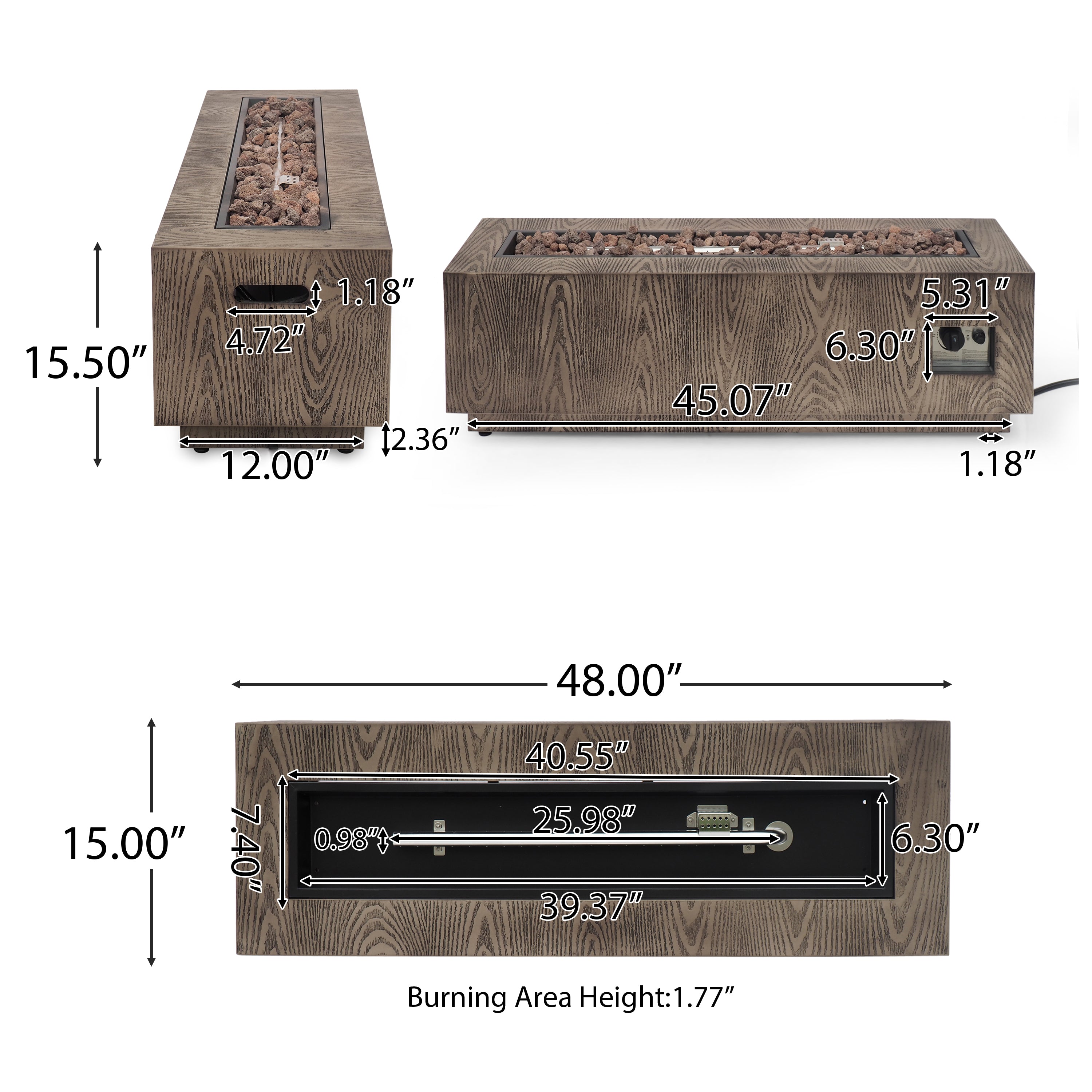 Jasmine Rectangular Wood Finish Propane Fire Pit