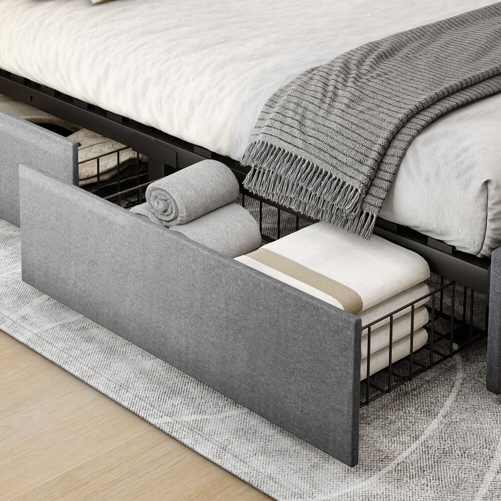 Modern Queen/King Grey Upholstered Bed Frame with Storage Drawers