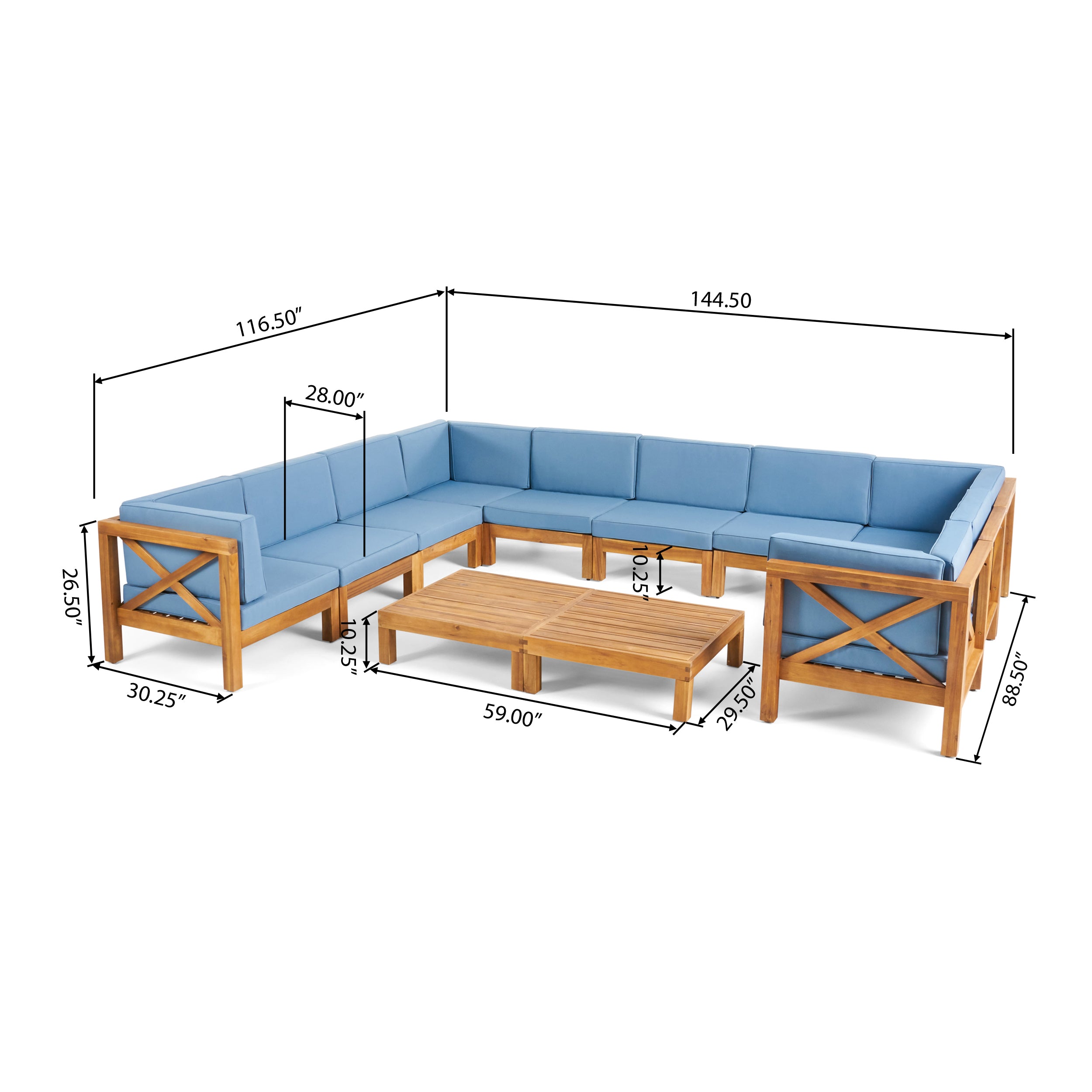 Cynthia Outdoor Acacia Wood 12-Piece U-Shaped Sectional Sofa Set with Two Coffee Tables