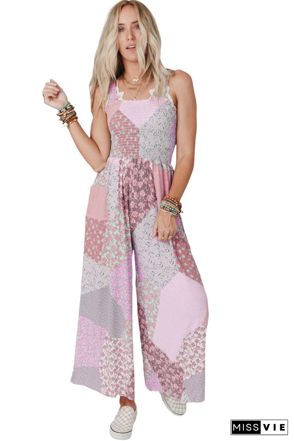 Pink Irregular Patchwork Print Smocked Wide Leg Jumpsuit