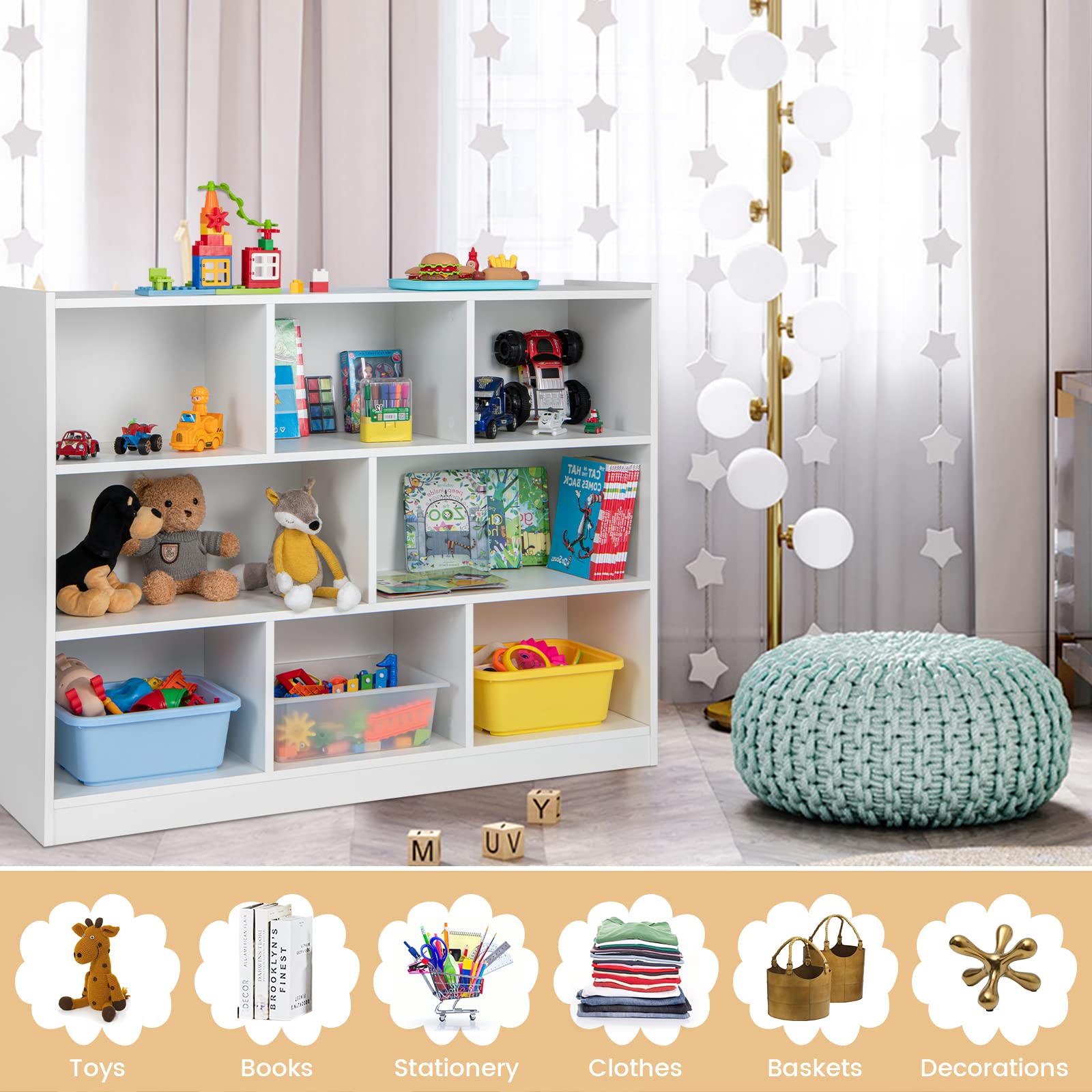 Costzon Toy Storage and Organizer, Wooden 8 Compartment Kids Bookshelf