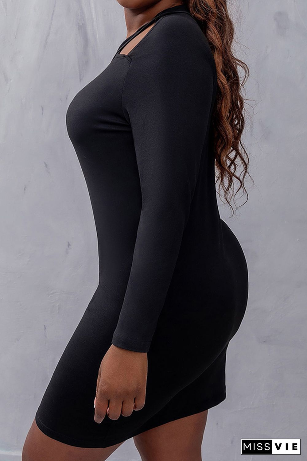 Black Hollow Out Strappy Long Sleeves Plus Size Dress