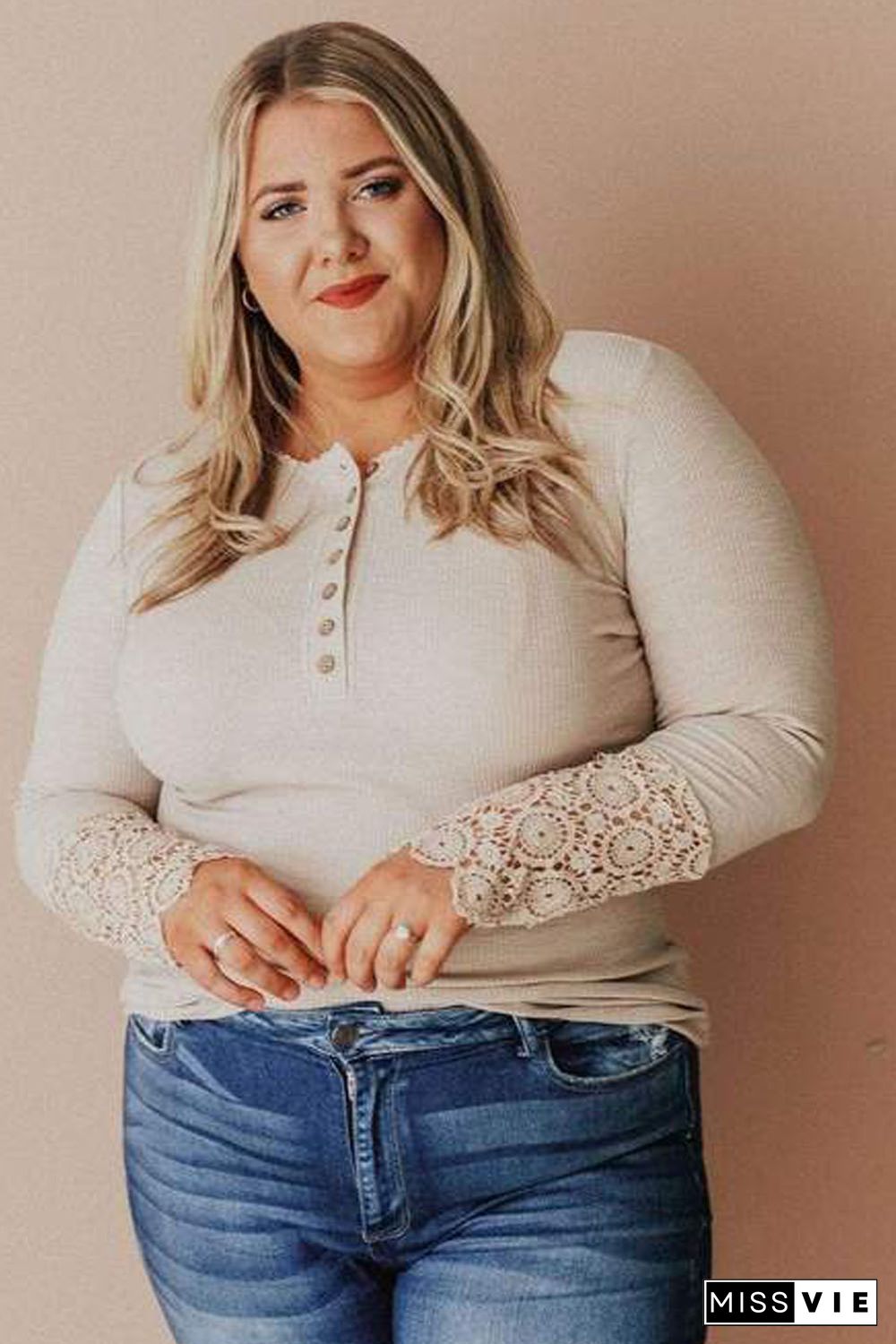 Apricot Lace Splicing Ribbed Long Sleeve Plus Size Top