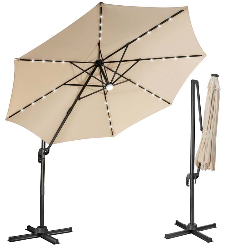 10 FT Cantilever Offset Patio Umbrella 28 Solar LED Lighted Market Umbrella with 3-Tilt Position, Crossed Base