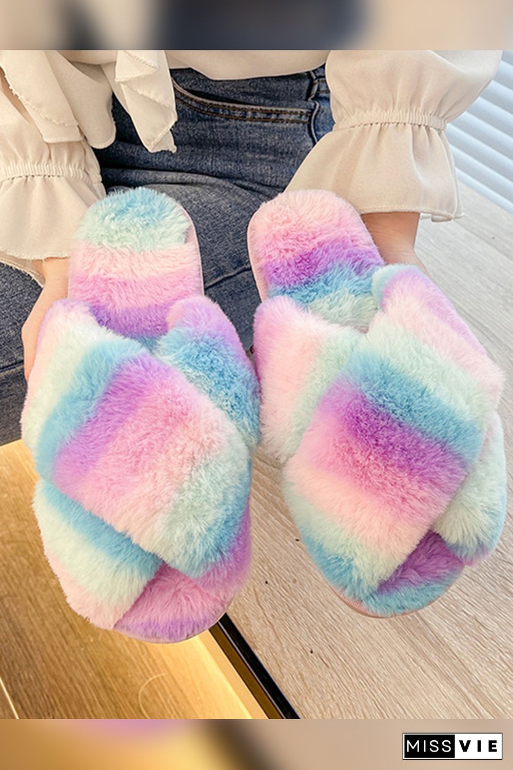 Multicolor Fluffy Criss-cross Home Slippers Wholesale