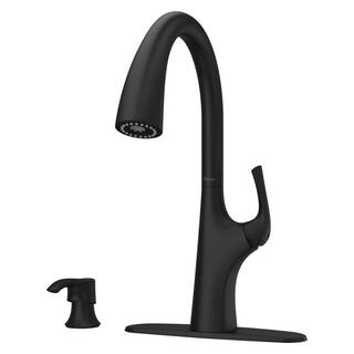 Pfister Ladera Single Handle Pull Down Sprayer Kitchen Faucet with Soap Dispenser in Matte Black F-529-7LRRB